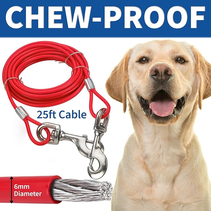 Chrome Dog Tie-Out Stake & 25 Foot Cable, Stainless Steel Heavy-Duty Outdoor Yard Camping Corkscrew Anchor stake Design with Tangle-Free 360 Swivel Hook for Dogs Play Boundary for Puppies & Adult Dogs