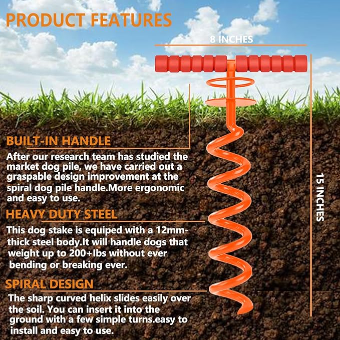 Heavy Duty 10FT Dog Tie Out Cable and Stake for Large Dogs, Dog Tie Out Stake and Cable Anchor for Dogs Up to 200 lbs,for Yard, Beach, Outdoor (Orange)