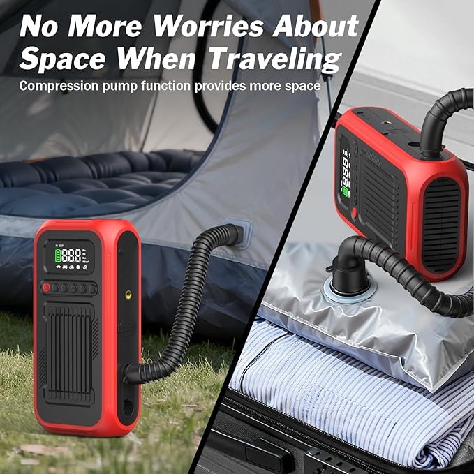 Tire Inflator Portable Air Compressor, 12V Car Jump Starter, 150PSI & 28000mAh Air Pump with Air Blower, Digital Pressure Gauge and LED Light, Electric Air Pump for Car, Motorcycle, Balls, Bike Pump