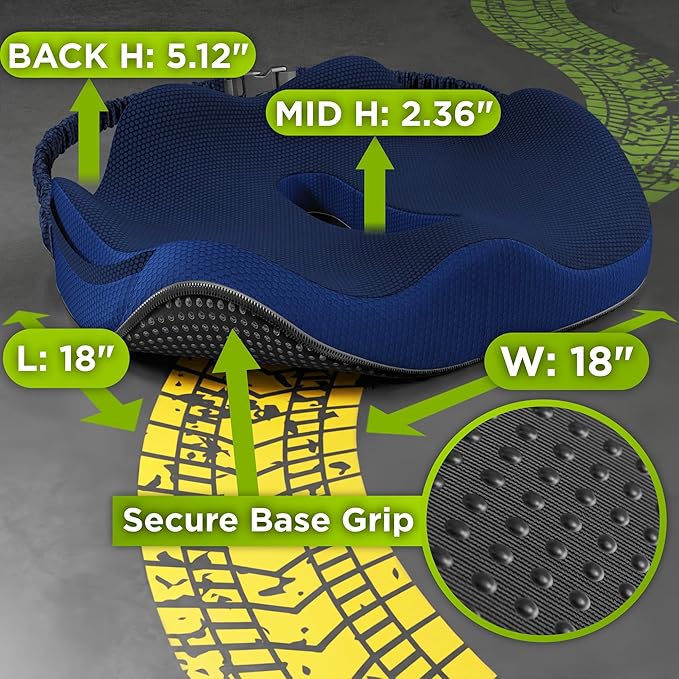 Truck Seat Cushion for Truck Driver Seat Cushion - Upgraded Back Support, CertiPUR-US® Certified - Thick Memory Foam, Pain Relief for Hours of Driving, Trucker Approved Big Rig - Navy