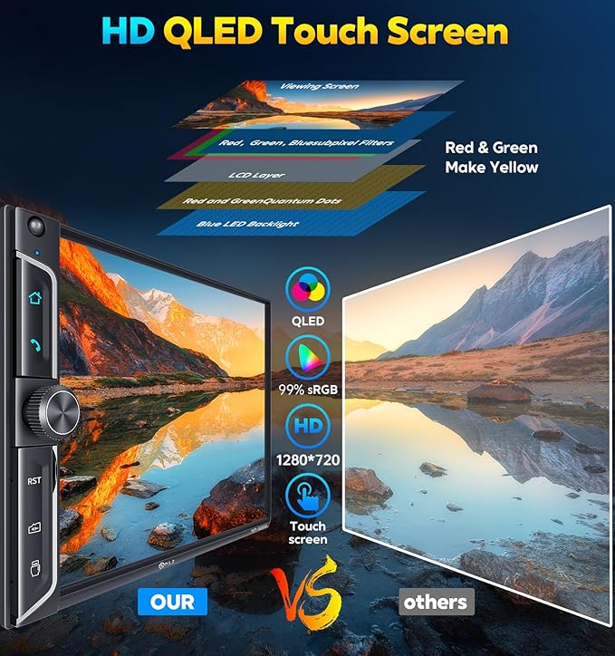 PLZ 7" Wireless Double Din Car Stereo Apple Car Play Radio Carplay Android Auto QLED Touch Screen, Bluetooth 5.3 Audio Receivers, 1080P Backup Camera, 4.2 Channel Outputs 240W, 2 Subwoofer, FM/AM, SWC