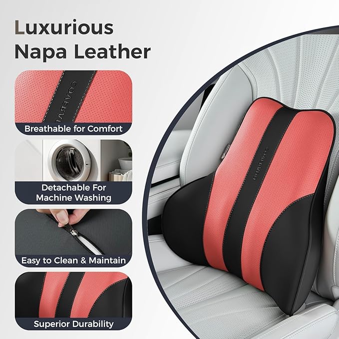 Coverado Lumbar Support Pillow for Car, Ergonomic Memory Foam Back Pillow for Office Chair, Back Cushion for Back Pain Relief, PU Leather Car Lumbar Support for Driving Seat