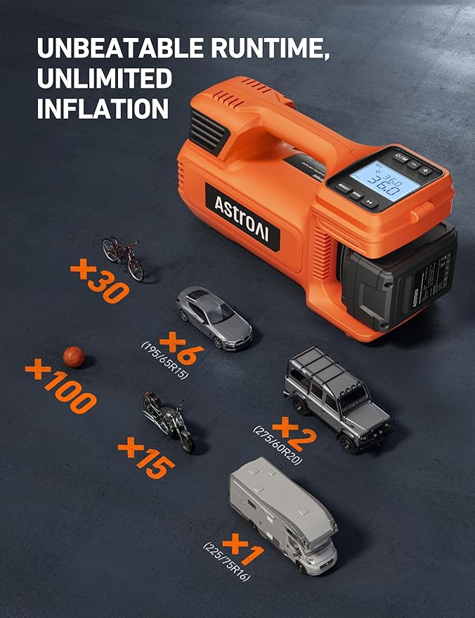 AstroAI TC4 Portable Air Compressor Tire Inflator, 470W 18V Cordless Air Pump for Truck Tires with 4000mAh Battery, 150PSI Heavy Duty Air Compressor with Digital Display for Car, RVs, SUV (Orange)