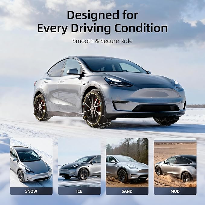 Snow Chains for Car Tires, 35s Quick Fit & Auto-Tightening, Universal Emergency Anti-Slip Tire Traction Chains for Cars, SUVs & Trucks, Reusable Portable Set of 2 (HKN-130)