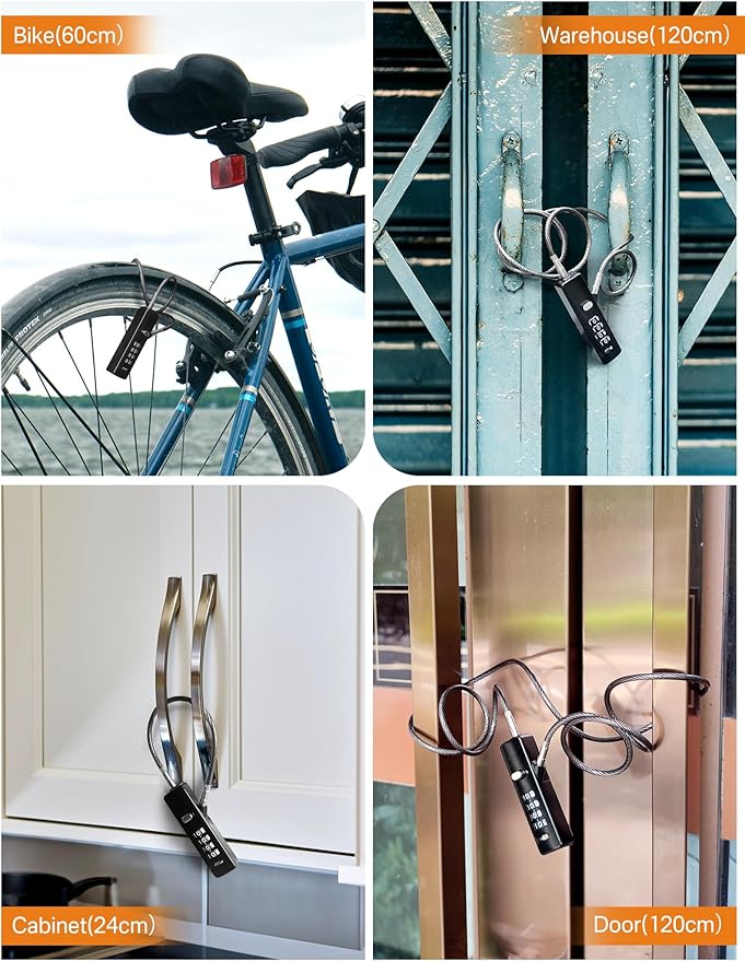 4-Digit Combination Cable Lock with 3 Steel Cables (9"/24"/47") - Secure Reset Only with Current Code - for Bike, Luggage, Gate, Shed, Cabinet - Gun Grey, 1 Pack
