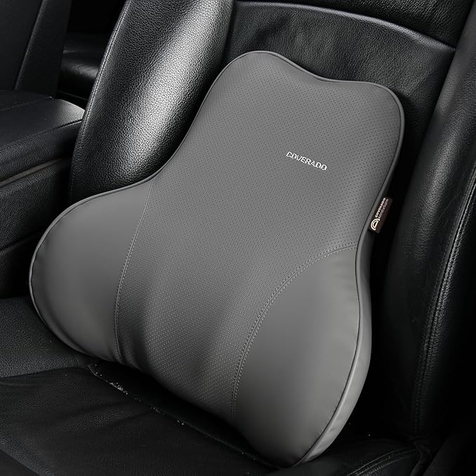 Coverado Lumbar Support Pillow for Car Seat Driver, Leather Car Seat Cushions for Driving Back Pain, Detachable Memory Foam Upper Lower Car Back Support Gray