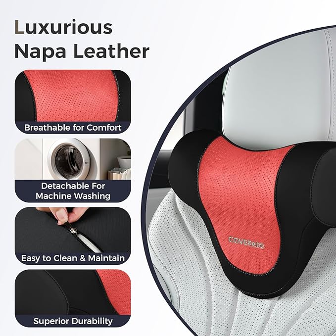 Coverado Car Headrest Pillow, Ergonomic Memory Foam Car Neck Pillow for Driving Seat with Adjustable Strap, Soft PU Leather Breathable Removable Cover Neck Support for Neck Pain Relief, BlackRed
