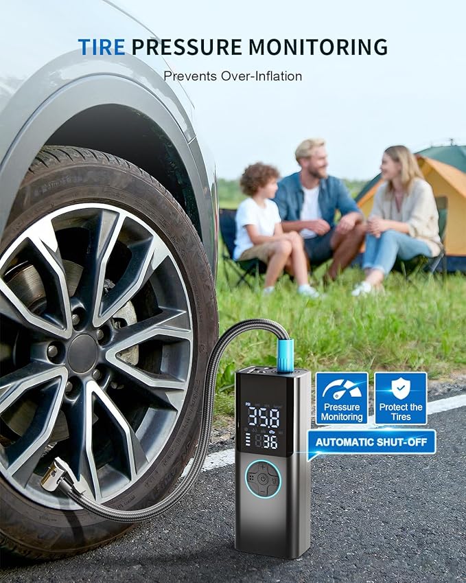 Tire Inflator Portable Air Compressor - 4X Faster & 150PSI Tire Pump For Car Moto Bike Ball - Auto Shut-Off - Fast Charge Power Bank - LED Night Light - Elderly Friendly