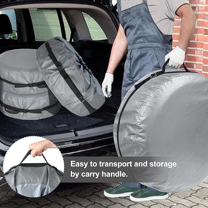Explore Land Tire Cover with Handle - Seasonal Spare Tire Bag, Heavy Duty Winter Wheel Storage Tote Against Dust and Scratches, 4 Pack (Fits Diameters 32''-34.75'', Charcoal)