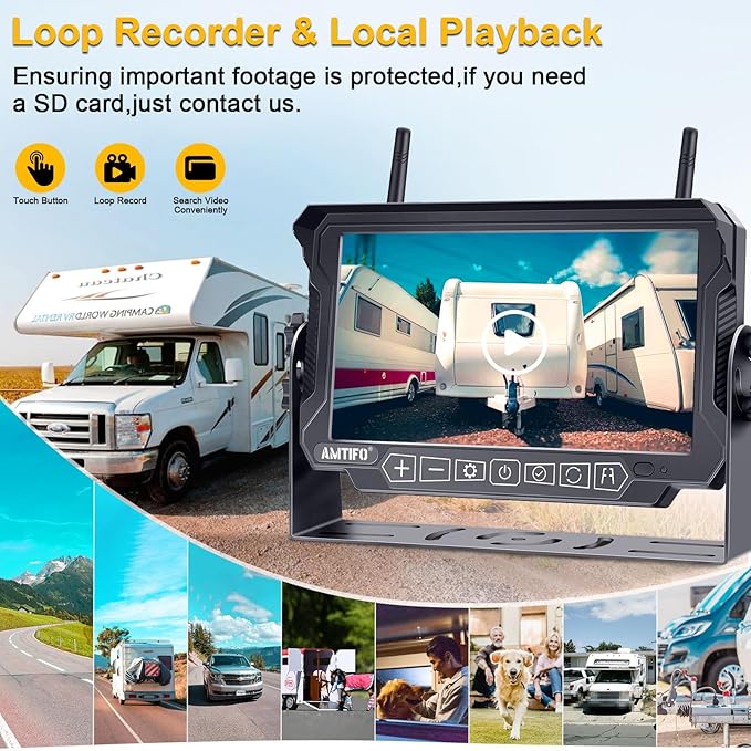 AMTIFO Wireless RV Backup Camera System - 2 HD 1080P Cameras with 7" Split-Screen Monitor,Compatible with Furrion Pre-Wired RVs,Loop Recording,Night Vision,Easy Install for Trailers Campers Trucks
