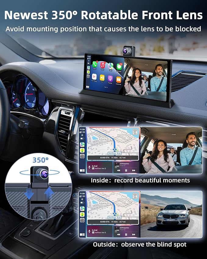 11.26'' Apple CarPlay Screen for Car Tablet Pro Max 2025 Wireless Car Play Android Auto Screen 4K Dash Cam with 350° Rotatable Lens Bluetooth/GPS Navigation/Voice Control Unique Bracket