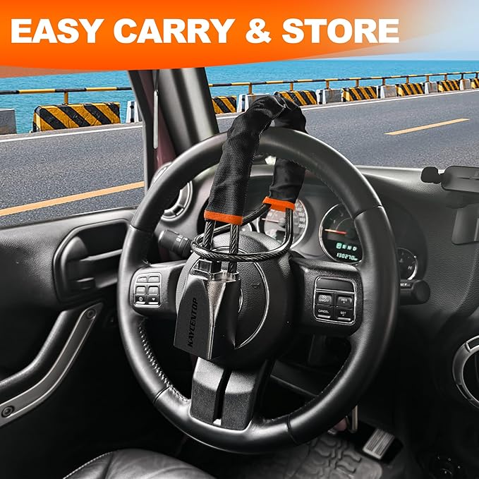 KAYCENTOP Car Steering Wheel Lock, Seat Belt Lock, Car Locks Anti-Theft Device with Aluminum Alloy Lock Housing, Max 17 Inch Length, High Visibility and Light-Weight, Universal Fit, 3Keys(Black)
