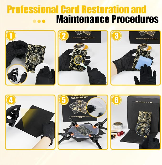 Card Care Clean Kit,17-in-1 Card Cleaning and Polishing Restoration Kit, Trading Card Cleaning Box with Cleaning Spray and Balck Nitrile Gloves, Suitable for Surface Card Care&Flatten Edges