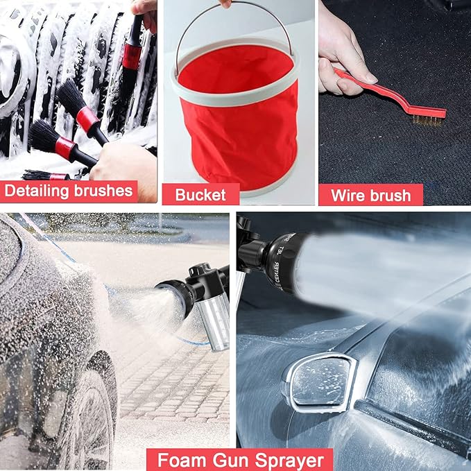 Car Wash Kit Car Wash Cleaning Kit Car Wash Foam Gun Sprayer Microfiber Sponge and Towels Car Foam Gun Tire Brush Collapsible Bucket Car Washing Kit