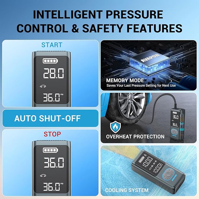 AVAPOW AP18 Tire Inflator Portable Air Compressor, 300% Faster 150 PSI Cordless Air Pump with Tire Pressure Gauge, 3.7″ Dual LCD Screen, Auto-Shuts Off Tire Pump for Car, Motorcycle, Bicycle, Blue