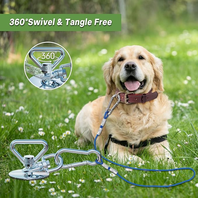 TOMBABY Dog Tie Out Cable and Stake,with 30FT Heavy Duty Cable,360° Swivel Dog Anchor& Anti-Tangle,Dog Runner for Yard,Dog Stake Allows Dogs Up to 150 lbs, Dog Stakes for Outside Beach,Camping, Yard