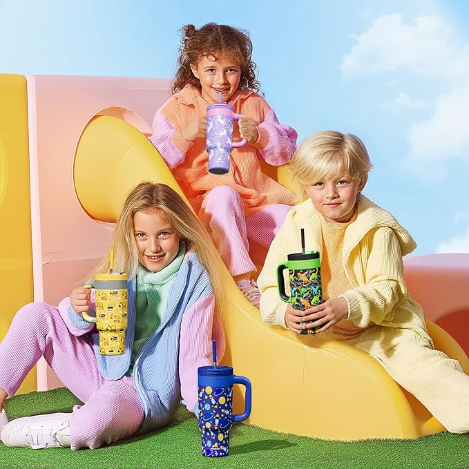 24 oz Metal Tumbler Cup for Girls: Easy Grip Handle, Leak-Proof when Sealed, Easy to Clean, Double Wall Vacuum Cup for Home, School, Daycare, Party, Picnic, Hiking, Travel, Gift (Strawberry Pop)