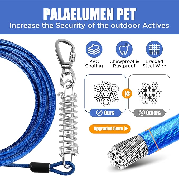 Dog Tie Out Cable and Stake - 30ft Heavy Duty Tether (up to 250 lbs) with Carabiners & 360° Swivel Hook & Shock Spring, Ideal Ground Anchor Kit for Yard, Beach & Camping Outdoors (Black)