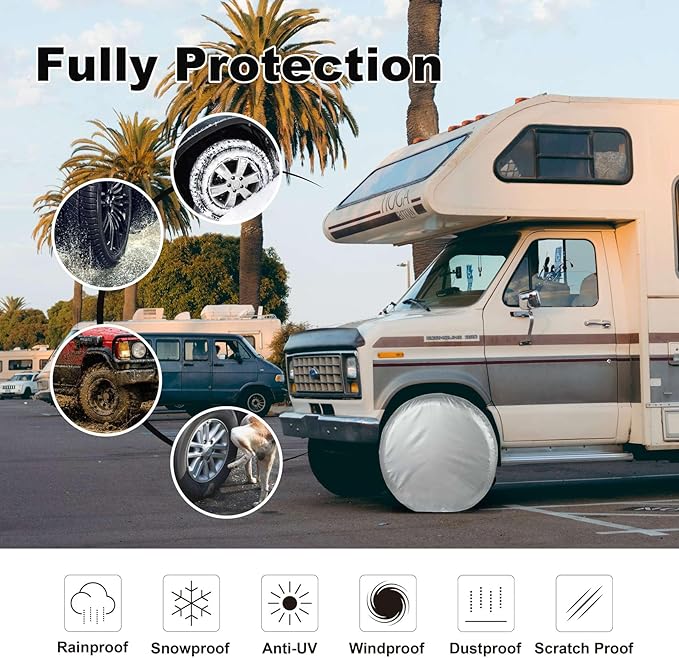 Explore Land Weatherproof Tire Covers 4 Pack Alumium Wheel Protector for Truck, SUV, Trailer, Camper, RV,S (Fits Diameter 26"-28.75"), Silver, Set of 4