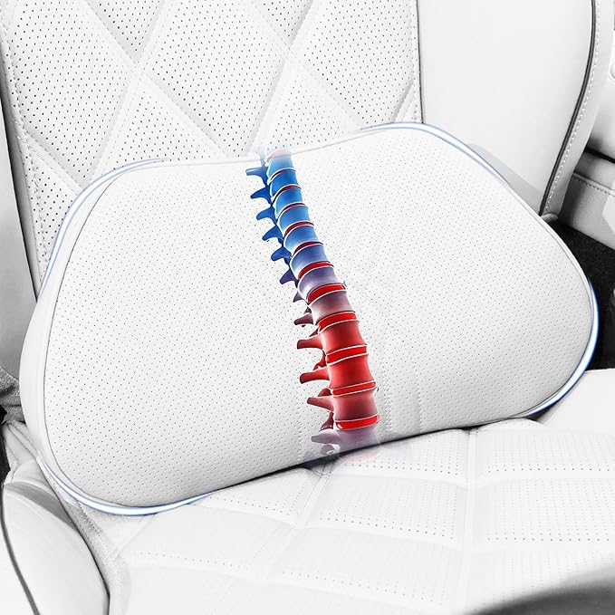 Lumbar Support Pillow for Car Seat, Office Chair Leather Memory Foam Lower Back Cushion for Back Pain Relief Improve Posture, Ergonomic Back Rest for Gaming Chair, Off-White (Beige), 1PC