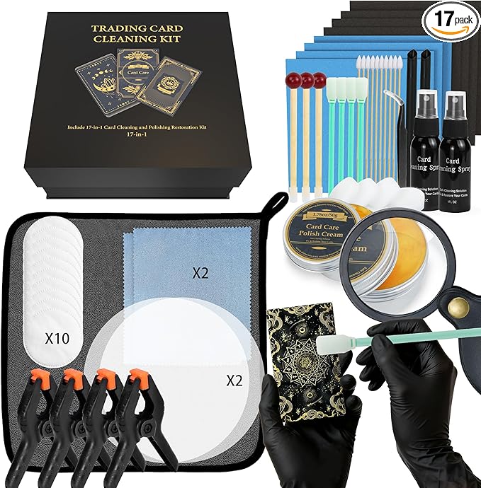 Card Care Clean Kit,17-in-1 Card Cleaning and Polishing Restoration Kit, Trading Card Cleaning Box with Cleaning Spray and Balck Nitrile Gloves, Suitable for Surface Card Care&Flatten Edges