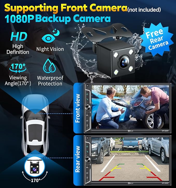 PLZ 7" Wireless Double Din Car Stereo Apple Car Play Radio Carplay Android Auto QLED Touch Screen, Bluetooth 5.3 Audio Receivers, 1080P Backup Camera, 4.2 Channel Outputs 240W, 2 Subwoofer, FM/AM, SWC
