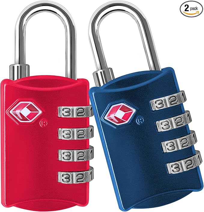 TSA Locks for Luggage, 2-Pc Durable Steel Padlock, Keyless Easy to Read 4-Digit Combination Lock for Backpacks, Travel Suitcases, Toolbox, Filing Cabinets, Baggage & Gym Locker, Red/Blue