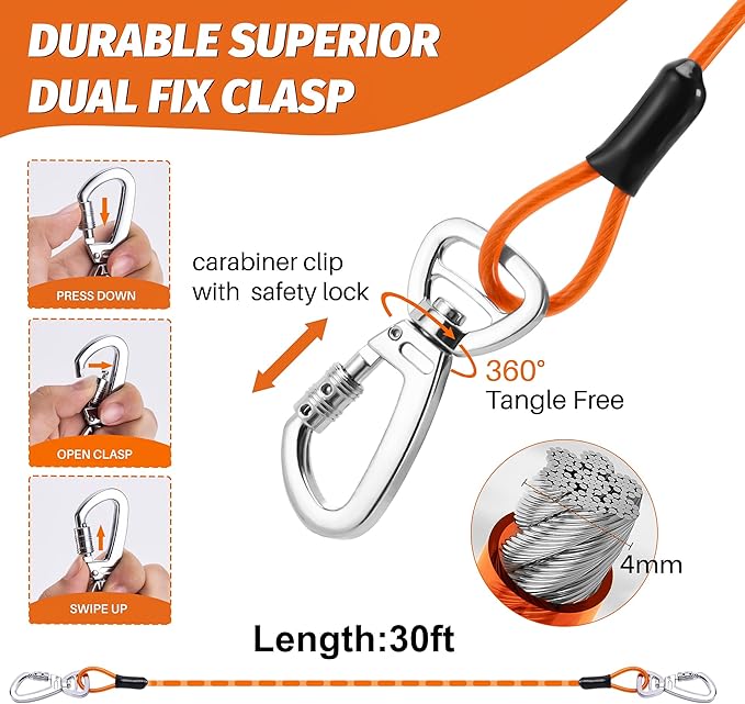 15" Heavy Duty Steel Dog Stake - 9mm Solid Anchor for Dogs Up to 120 lbs - 30FT Orange Tether-Yard, Camping, Outdoor Use (Black, 30ft Cable and Stake)