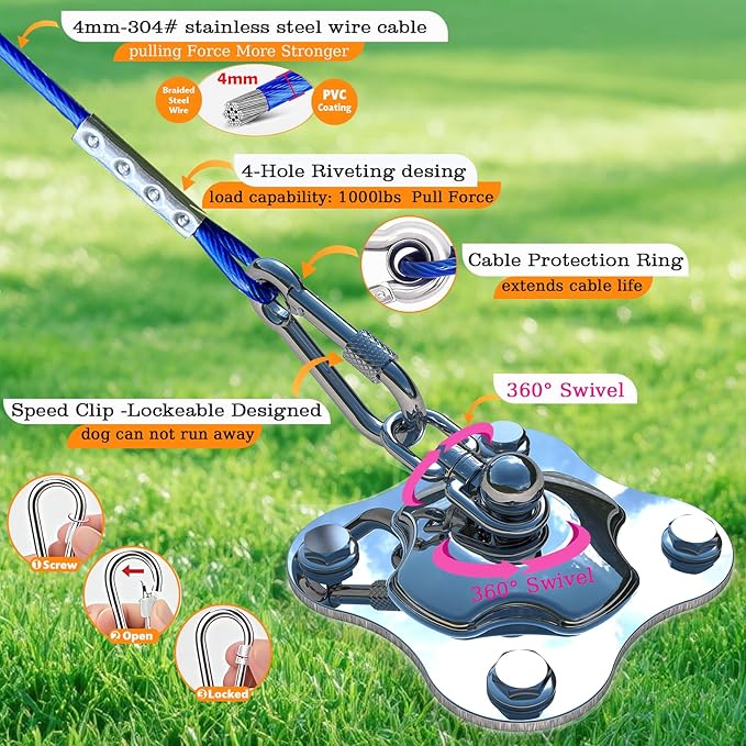 Dog Tie Out Cable and Stake,Heavy Duty Stakes for Outside,15FT Tangle-Free Runner for Yard, 360° Swivel Anchor for Dogs Up to 150 lbs, Stake for Dog Leash Ideal for Outdoor and Camping