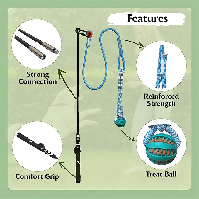 Flirt Pole for Dogs, Tether Tug Outdoor Dog Toy, Interactive Toys for Large Breed & Puppies, Agility Training Equipment, Durable Rope Toy with Chew Ball, Exercise & Training Tool