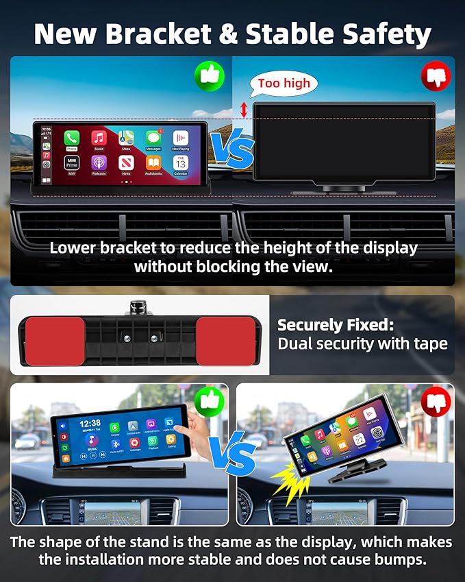 【350° Rotatable Lens】10.26''Wireless Apple CarPlay Screen for Car & 4K Dash Cam Portable Android Auto Car Stereo, Car Audio Receivers 1080P Backup Camera, Bluetooth/GPS Navigation/AirPlay/Googel/Siri