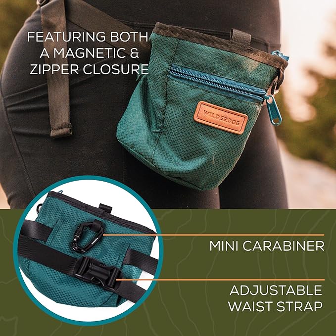 Wilderdog Dog Training Treat Pouch with Magnetic and Zipper Closure, Carabiner Attached, Adjustable Waist Strap - Green