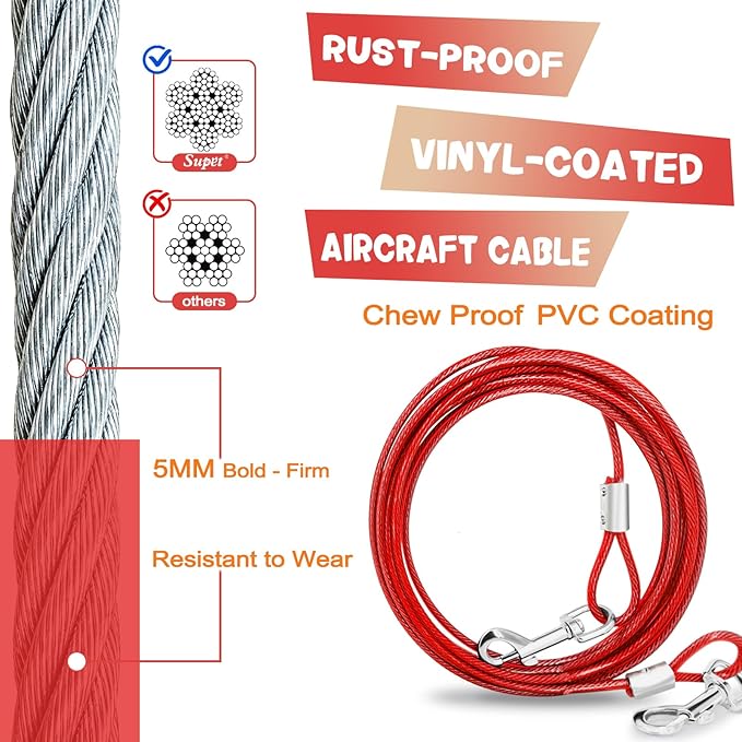 Supet Dog Tie Out Cable and Stake 32/16/10 ft Outdoor, Yard and Camping, for Medium to Large Dogs Up to 125 lbs, 16" Stake, 32/16/10 ft Cable with Durable Spring and Metal Hooks for Outdoor