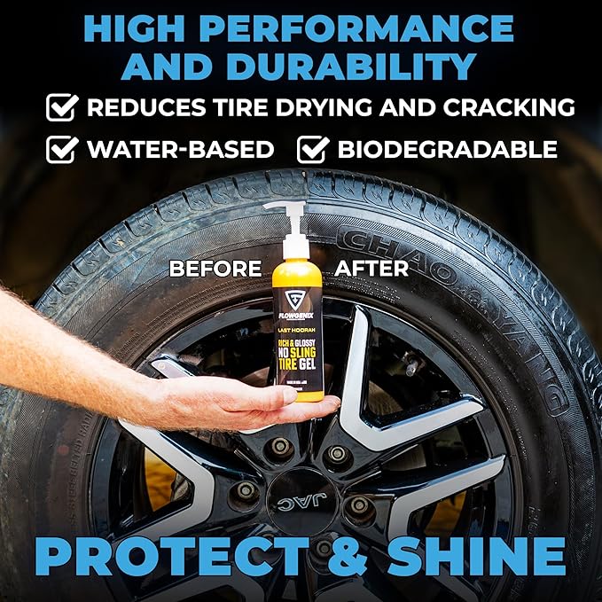 Tire Shine Gel Coating and Dressing (8oz) - High Gloss Wheel Tire Shine for Cars - No-Sling Anti-Stick Protection, Works on Rubber, Plastic, Vinyl - Incl 2 Microfiber Towels