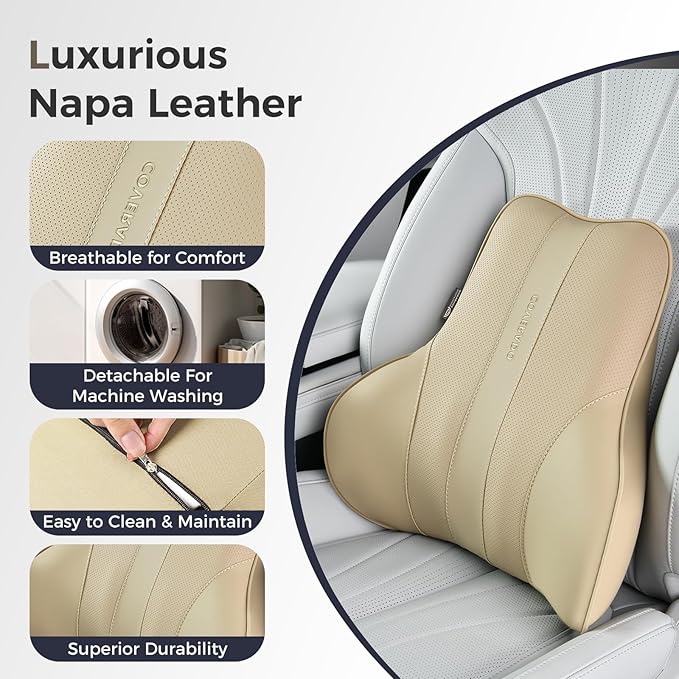 Coverado Lumbar Support Pillow for Car, Ergonomic Memory Foam Back Pillow for Office Chair, Back Cushion for Back Pain Relief, PU Leather Car Lumbar Support for Driving Seat - Beige