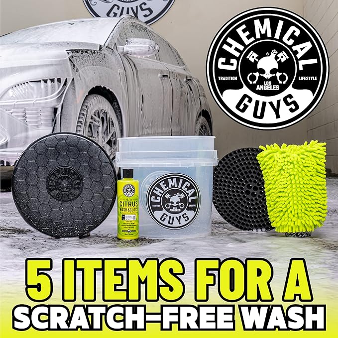 Chemical Guys Ultimate Scratch-Free Detailing Car Wash Bucket Kit with Accessories, Car Detailing Kit With Dirt Trap, Wash Mitt, Lid, and 16 oz Soap, Safe For Trucks, SUVs, Motorcycles, RVs