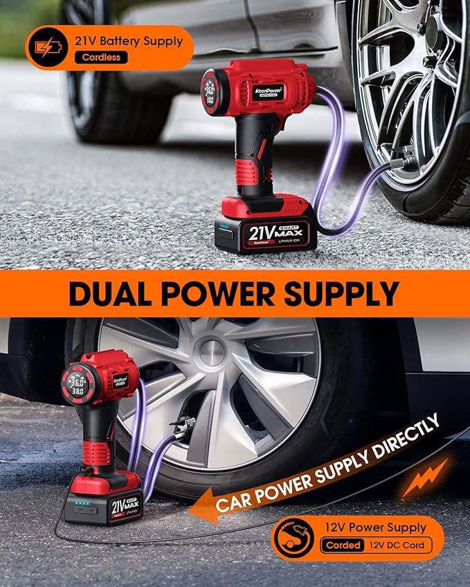 KeenPower Cordless Tire Inflator Portable Air Compressor, 160PSI Car Tire Air Pump, 21V Rechargeable Battery Powered Air Compressor, Dual Power, Larger HD Digital Gauge w/4+N Smart Modes (Red)