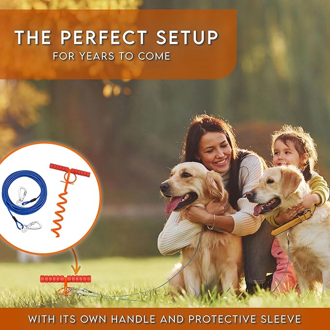 Heavy Duty 30FT Dog Tie Out Cable and Stake for Large Dogs, Dog Tie Out Stake and Cable Anchor for Dogs Up to 200 lbs,for Yard, Beach, Outdoor(Orange)