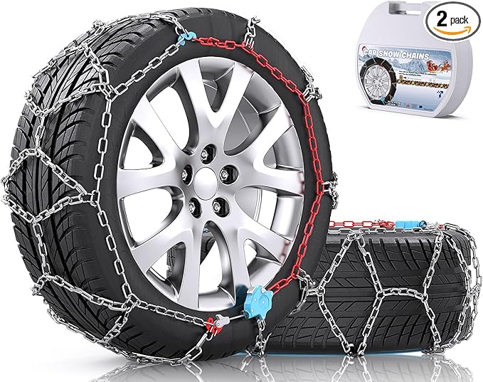 Snow-Chains Auto Fixing 1 Min Quick Fit Easy Installation Tire-Chains, Christmas Gifts for Safety, Universal Emergency Tire Traction Chain for Passenger Car and SUV - Set of 2 (XM-110)