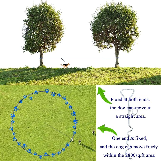 Dog Tie-Out Stake and Cable 30ft Heavy Duty Spiral Ground Stake Tethering Anchor Dog Leash Chain Rope Metal 360 Swivel Hook for Small Medium Large Dogs Outdoor (T-Shaped Stake)