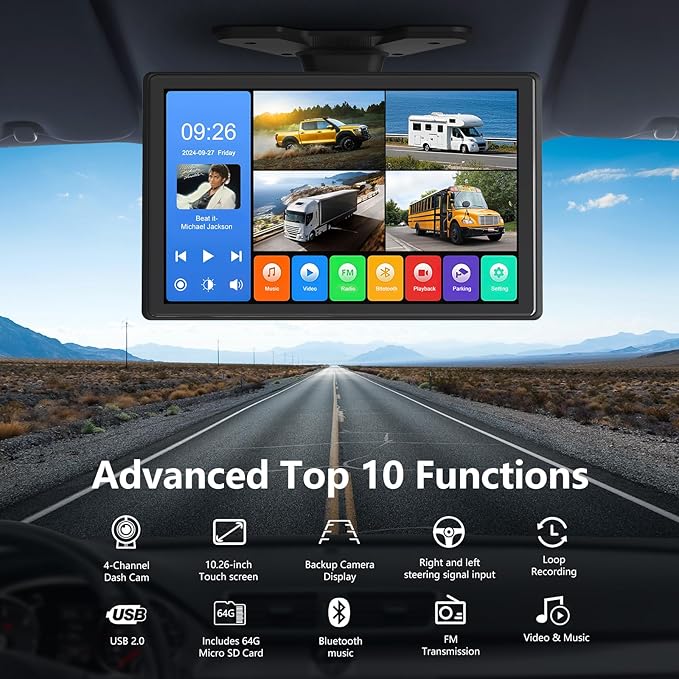 4 Channel Backup Camera System,Touchable 10.1 inch Monitor with DVR Loop Recording, IP69 Waterproof, Nightvision 1080P Camera for RV/Truck/Trailer Pickup, Wired (Cigarette Charger &128G)