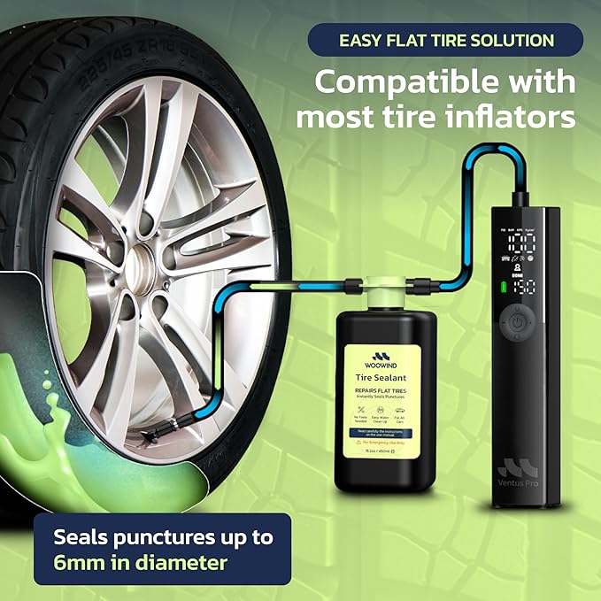 Woowind Premium Tire Inflator Portable Air Compressor, 2X Faster, 150PSI Air Pump For Car Tires, Tire Pump, with 12V DC Cord for Trucks & Off-Road Tires, Auto Shut-Off (Ventus pro + Tire sealant)