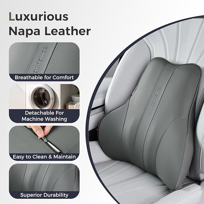Coverado Lumbar Support Pillow for Car, Ergonomic Memory Foam Back Pillow for Office Chair, Back Cushion for Back Pain Relief, PU Leather Car Lumbar Support for Driving Seat - Gray
