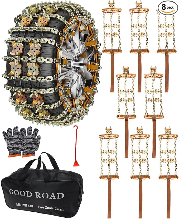 KYX Tire Chains for Car/SUV/Pickup Truks, Adjustable Universal Emergency Snow Chains for Tire, 8.7-11.1 inch, 8 Pcs,