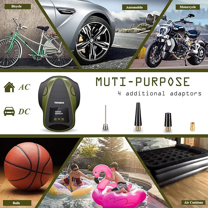 TEROMAS Tire Inflator Portable Air Compressor, Air Pump DC/AC for Car Tires 12V DC and Other Inflatables at Home 110V AC, Digital Electric Tire Pump with Pressure Gauge(Green)