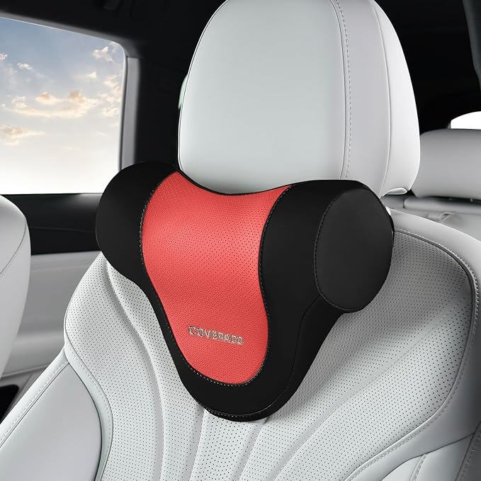 Coverado Car Headrest Pillow, Ergonomic Memory Foam Car Neck Pillow for Driving Seat with Adjustable Strap, Soft PU Leather Breathable Removable Cover Neck Support for Neck Pain Relief, BlackRed