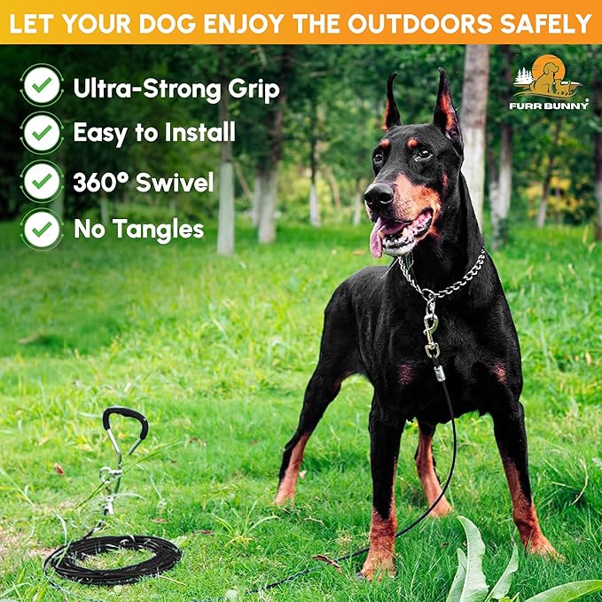 Dog Tie Out Cable and Stake for Medium Dogs Upto 50 LBs – Anti-Tangle, Rust-Resistant, 360° Swivel Leash System – 18 Inches Spiral Stake and 4mm 20 FT Long Dog Runner for Yard