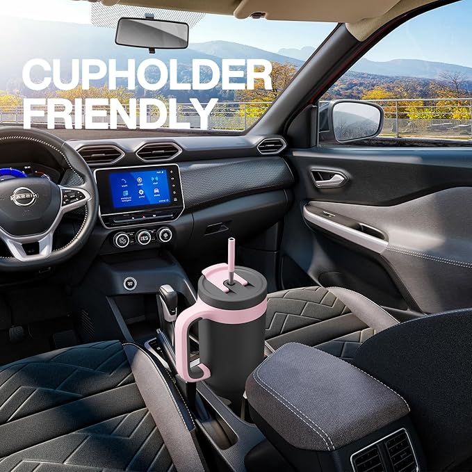 POWCAN 40 oz Tumbler with Handle, 2-in-1 Straw and Sip Lid, Leakproof, Dishwasher Safe, Insulated Stainless Steel Travel Coffee Mug, Keeps Cold for 34 Hours, Fits in Car Cup Holder (Berry)