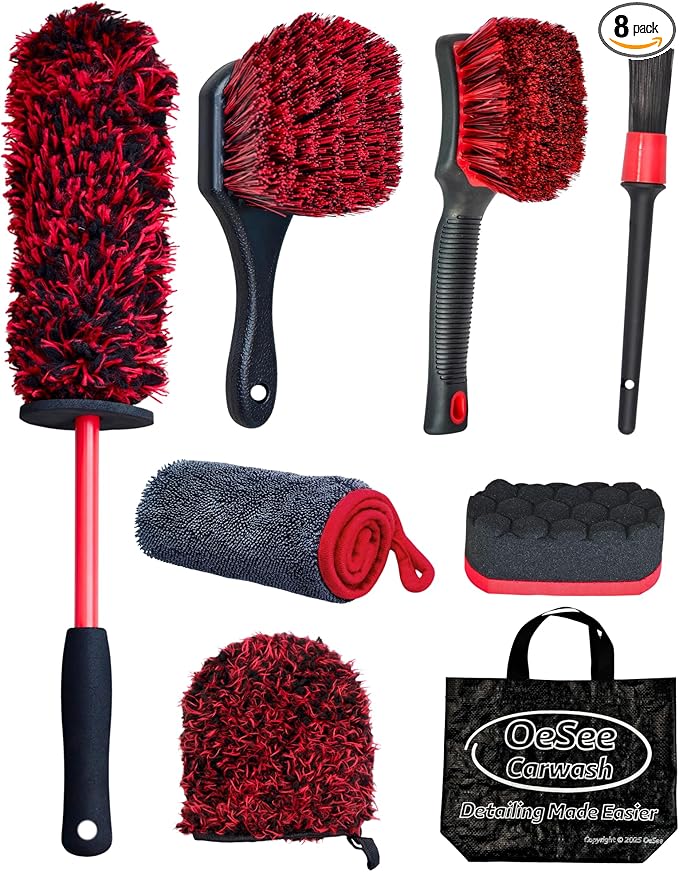 8PCS Wheel Cleaning Kit with Microfiber Brush & Rubber Grip Tire Brush, Twist Loop Drying Towel, Detailing Brush, Applicator for Car Rim and Tire Care