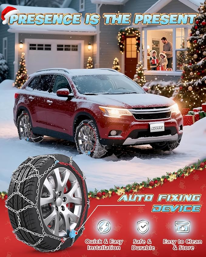 Snow-Chains Auto Fixing 1 Min Quick Fit Easy Installation Tire-Chains, Christmas Gifts for Safety, Universal Emergency Tire Traction Chain for Passenger Car and SUV - Set of 2 (XM-80)